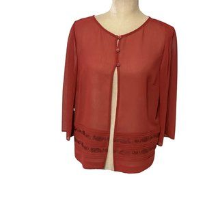Vintage Women's Sheer Open Front Cardigan Size 10 Rust Orange Three Button